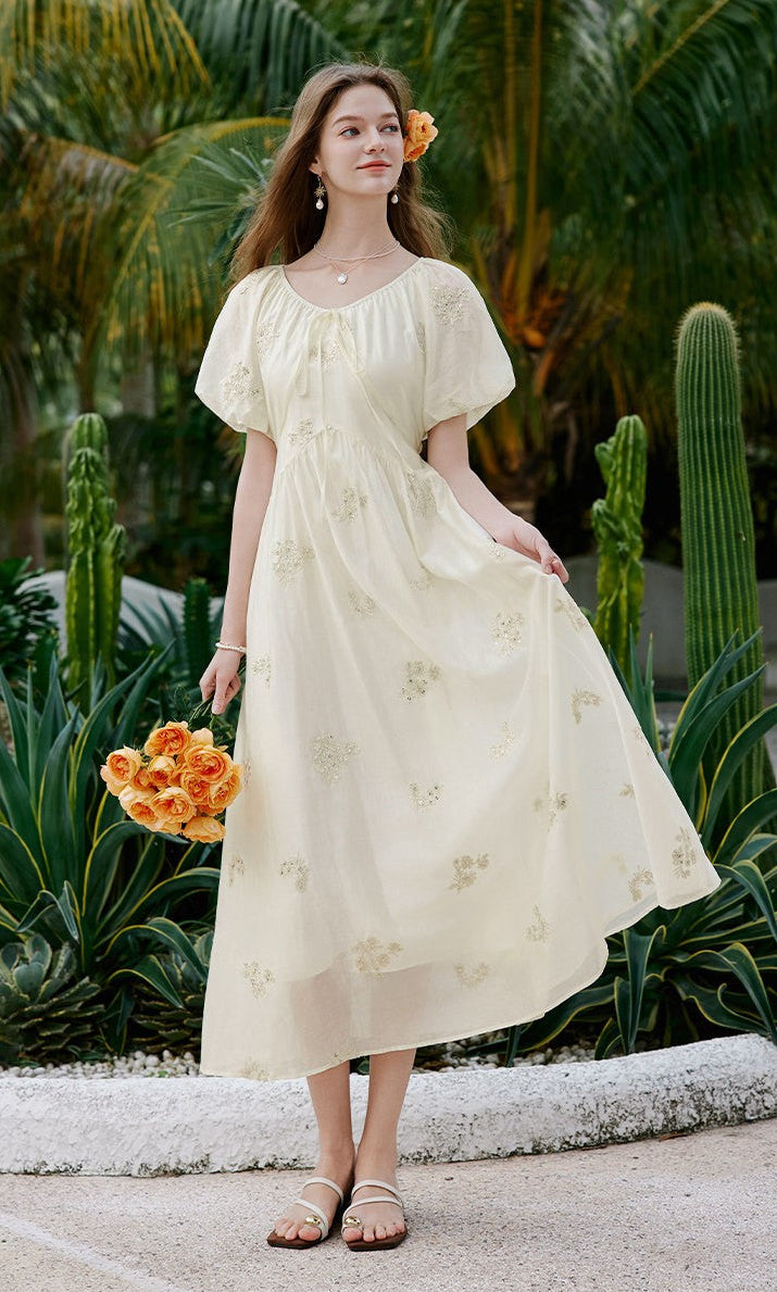Embroidered Floral Scoop Neck Midi Dress with Puff Sleeves & Tie Front