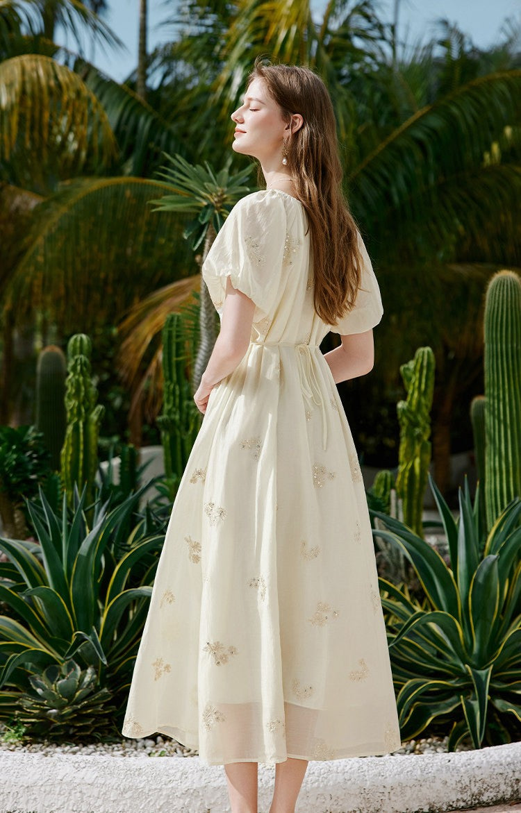 Embroidered Floral Scoop Neck Midi Dress with Puff Sleeves & Tie Front