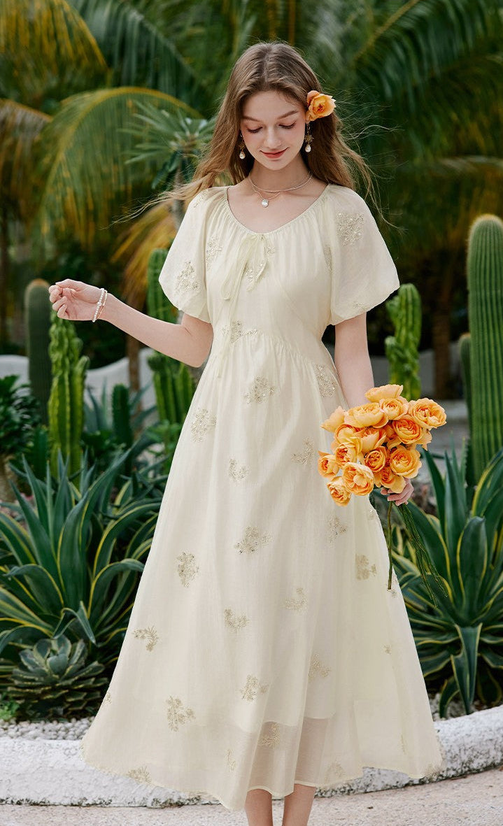 Embroidered Floral Scoop Neck Midi Dress with Puff Sleeves & Tie Front