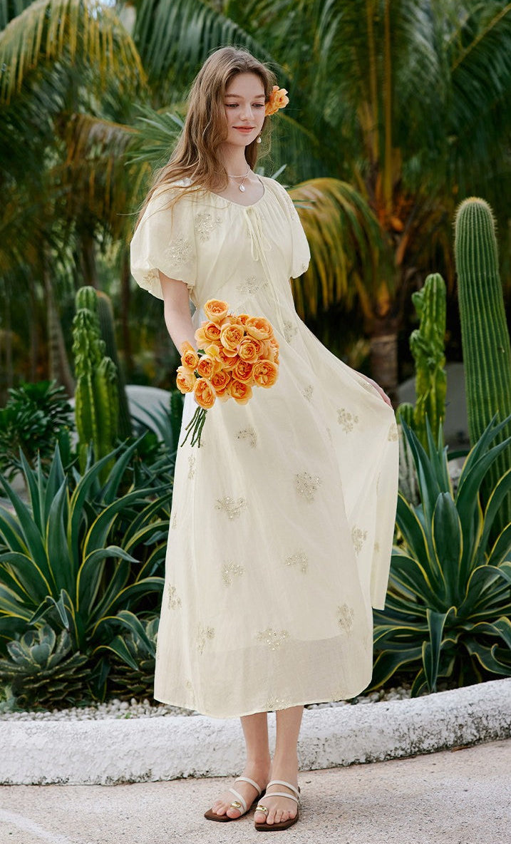 Embroidered Floral Scoop Neck Midi Dress with Puff Sleeves & Tie Front