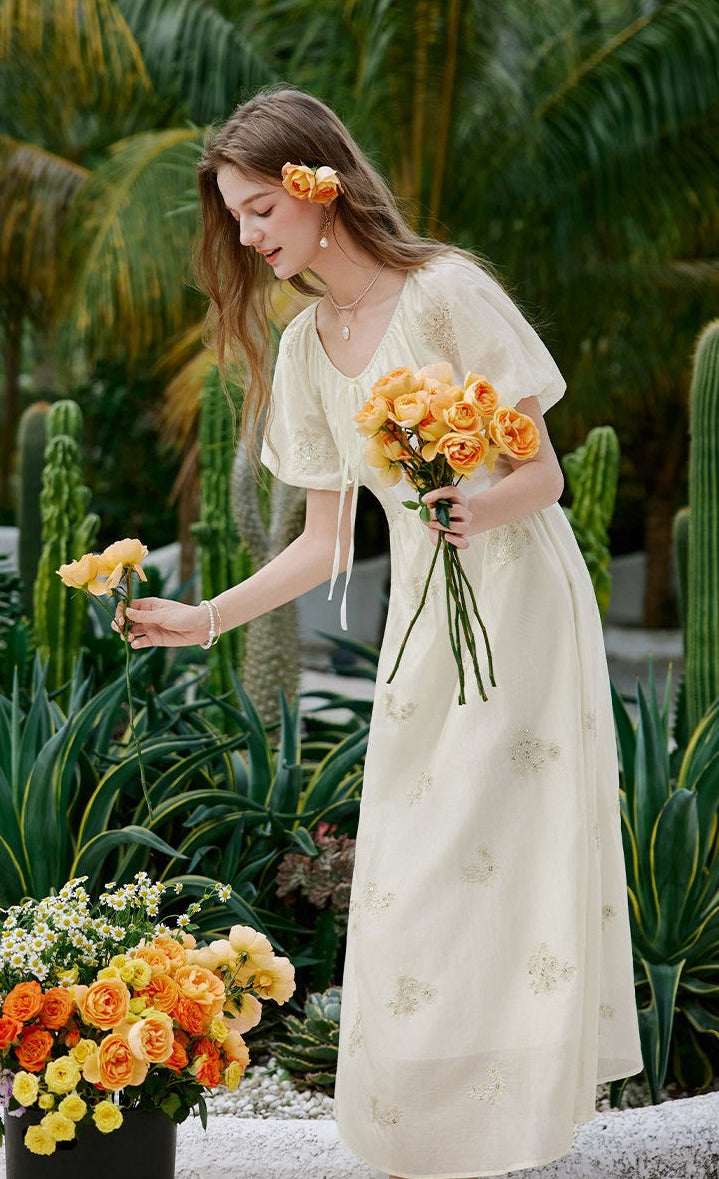 Embroidered Floral Scoop Neck Midi Dress with Puff Sleeves & Tie Front