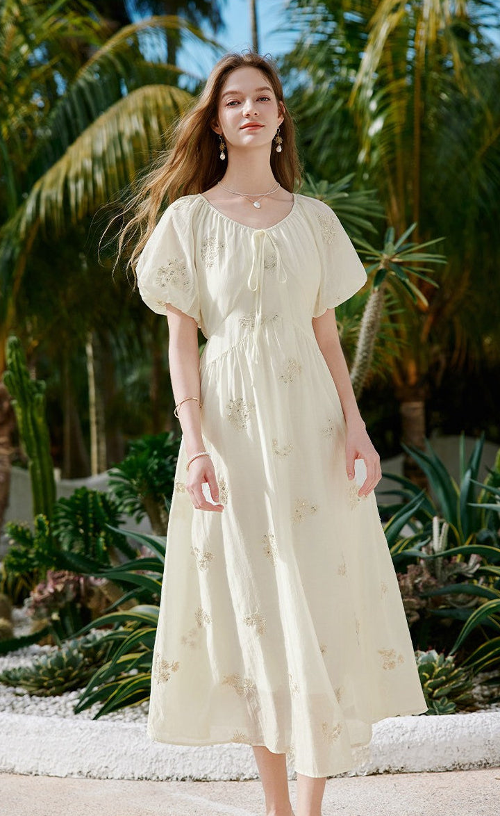 Embroidered Floral Scoop Neck Midi Dress with Puff Sleeves & Tie Front