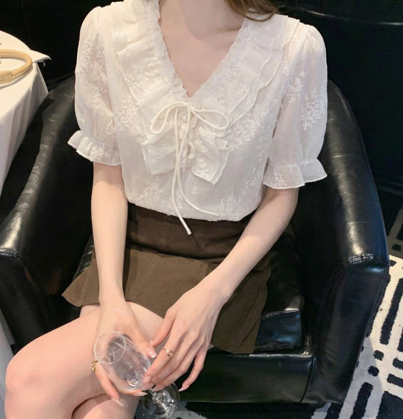 French Chic Puff-Sleeve Lace Blouse