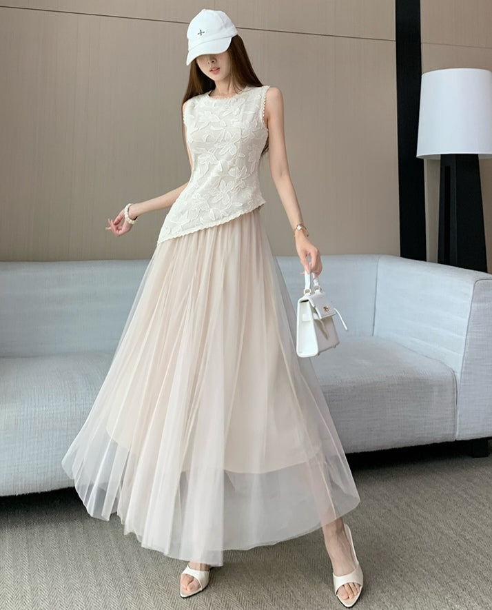 Embroidered Lace Top and Mesh Midi Skirt