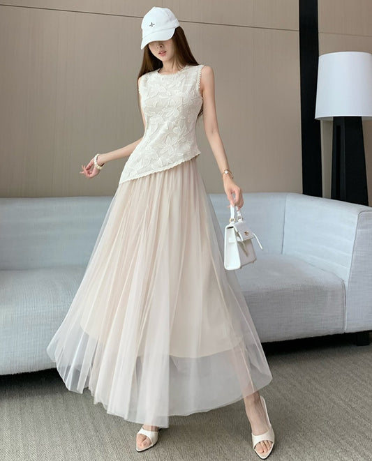 Embroidered Lace Top and Mesh Midi Skirt