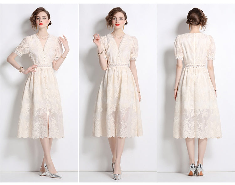 Embroidered V-neck Lace Trim Elegant Dress