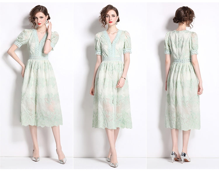 Embroidered V-neck Lace Trim Elegant Dress