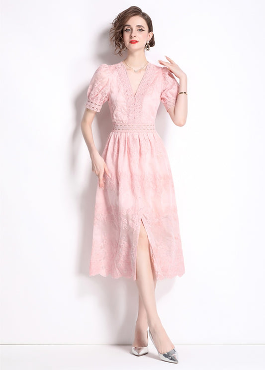 Embroidered V-neck Lace Trim Elegant Dress