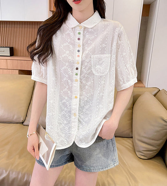 Vintage Floral Eyelet Blouse with Multi-Color Buttons