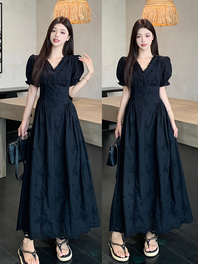 Plus Size Black Embroidered Eyelet Maxi Dress -V-Neck Puff Sleeve Vintage Style