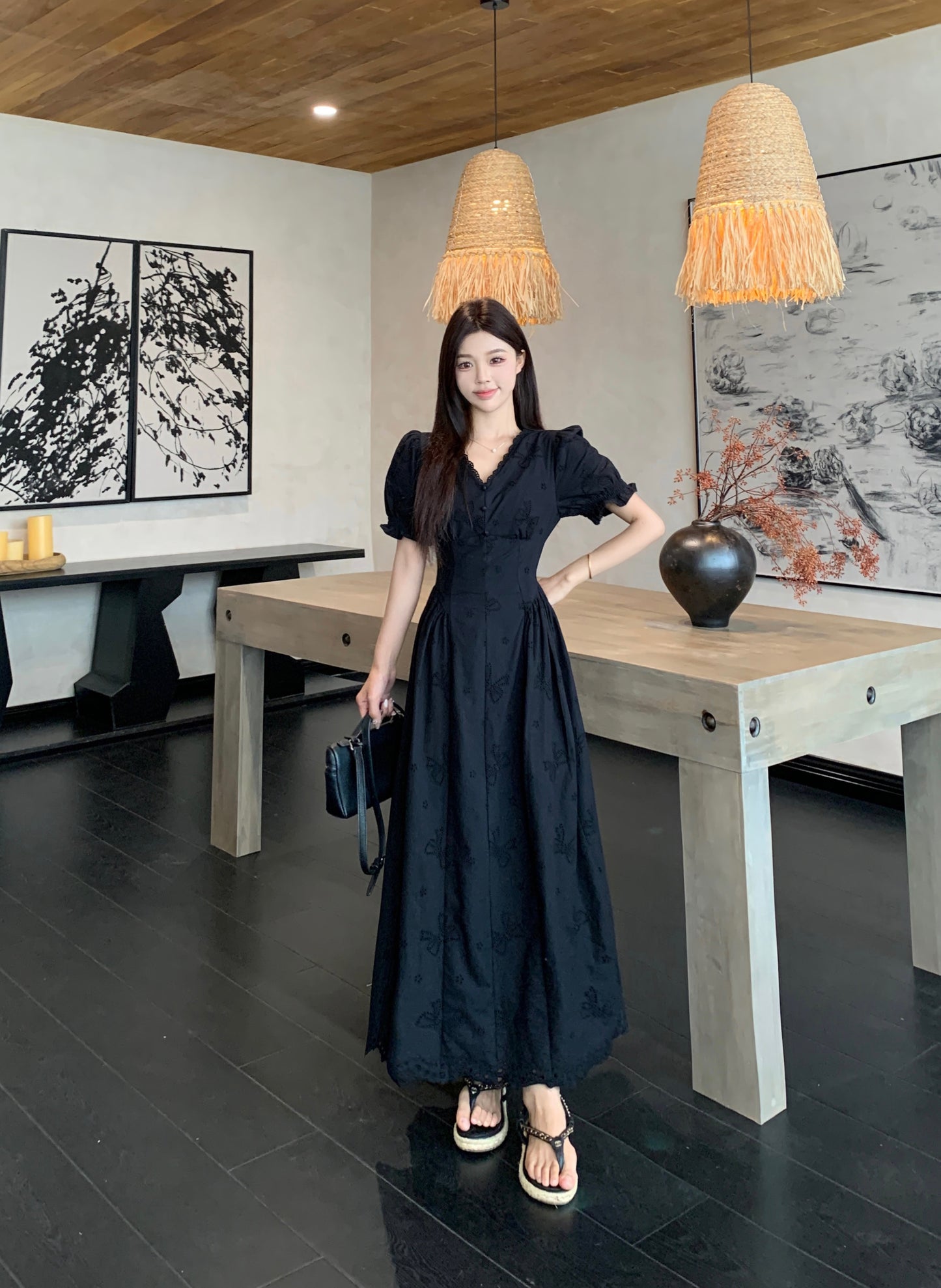 Plus Size Black Embroidered Eyelet Maxi Dress -V-Neck Puff Sleeve Vintage Style