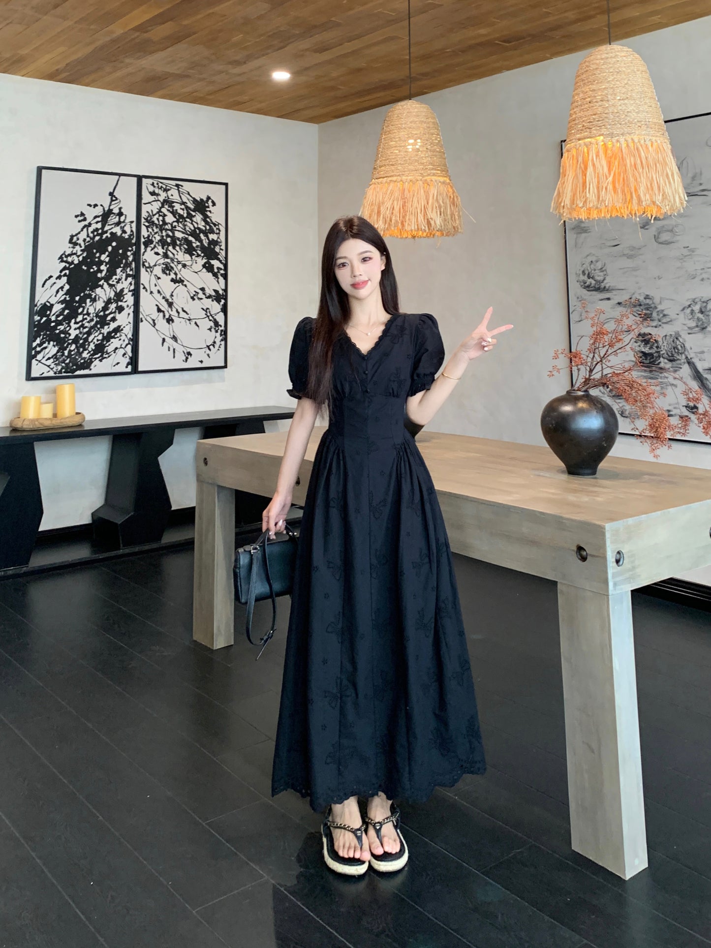 Plus Size Black Embroidered Eyelet Maxi Dress -V-Neck Puff Sleeve Vintage Style