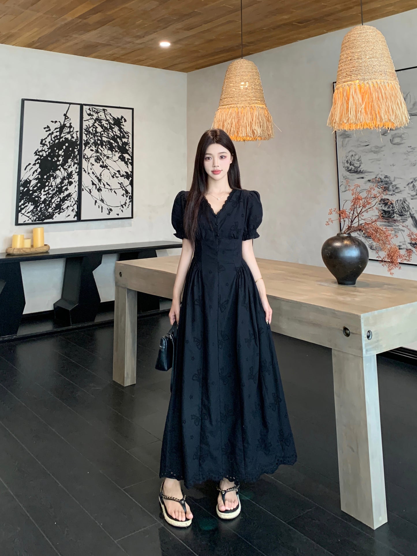 Plus Size Black Embroidered Eyelet Maxi Dress -V-Neck Puff Sleeve Vintage Style