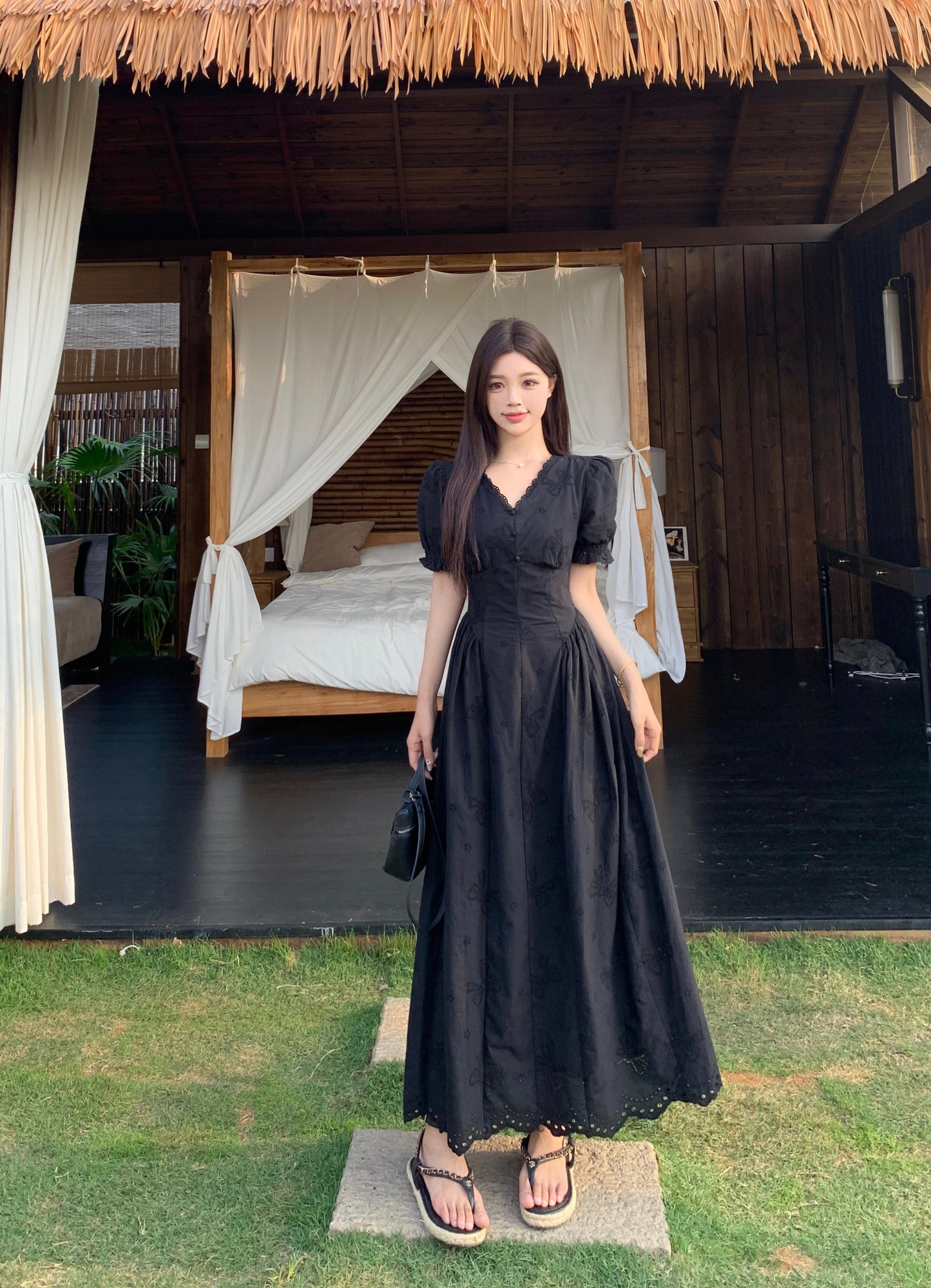 Plus Size Black Embroidered Eyelet Maxi Dress -V-Neck Puff Sleeve Vintage Style