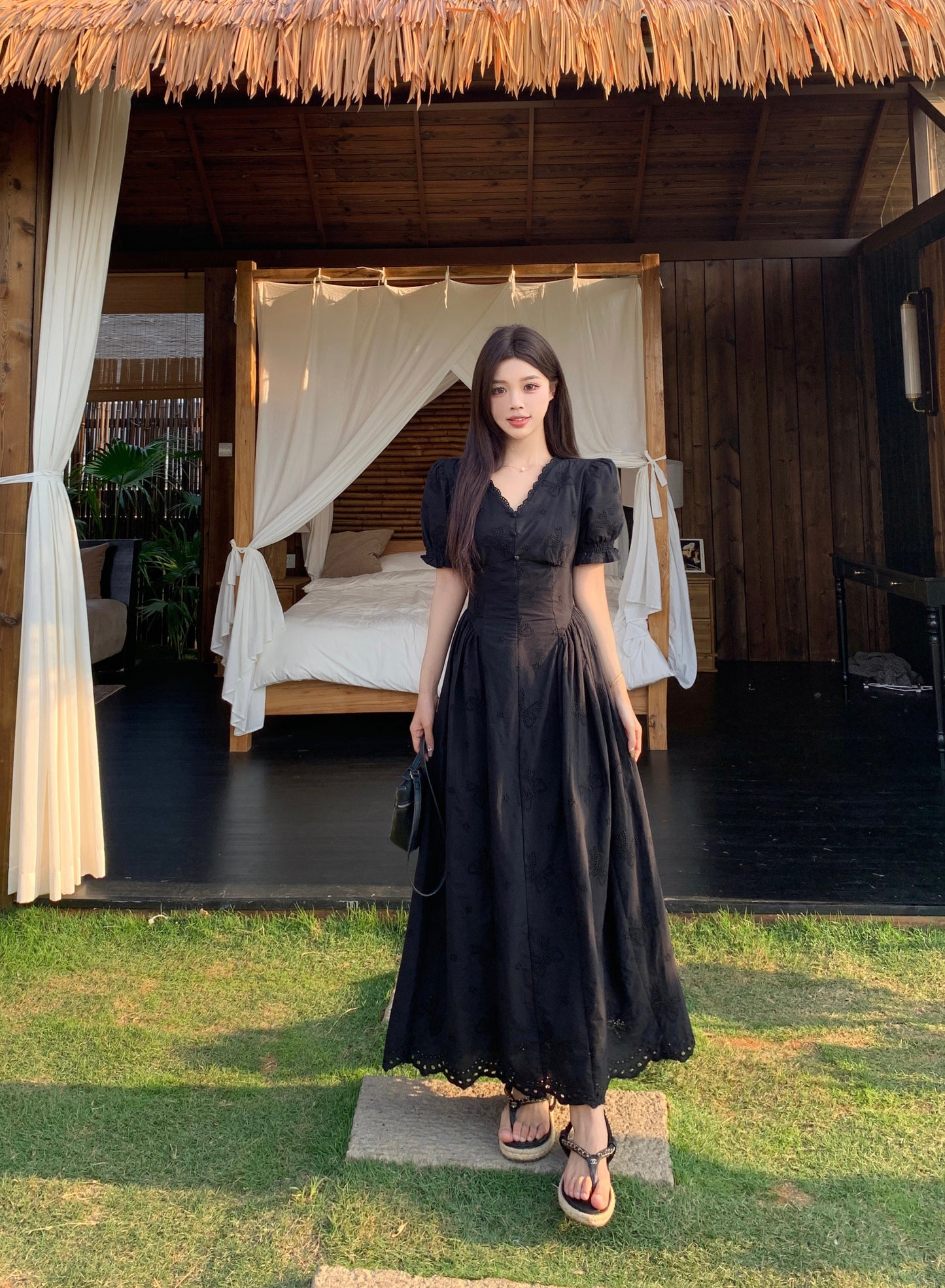 Plus Size Black Embroidered Eyelet Maxi Dress -V-Neck Puff Sleeve Vintage Style