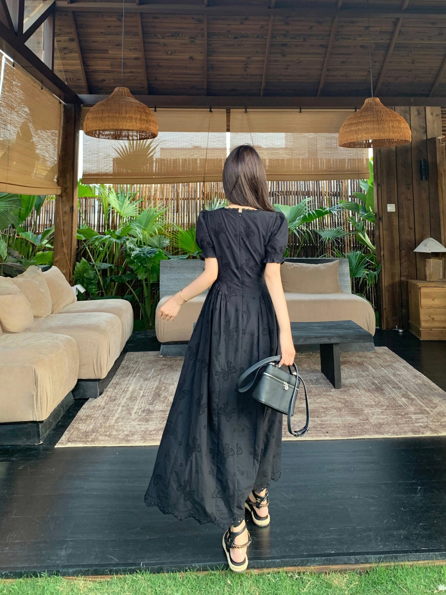 Plus Size Black Embroidered Eyelet Maxi Dress -V-Neck Puff Sleeve Vintage Style