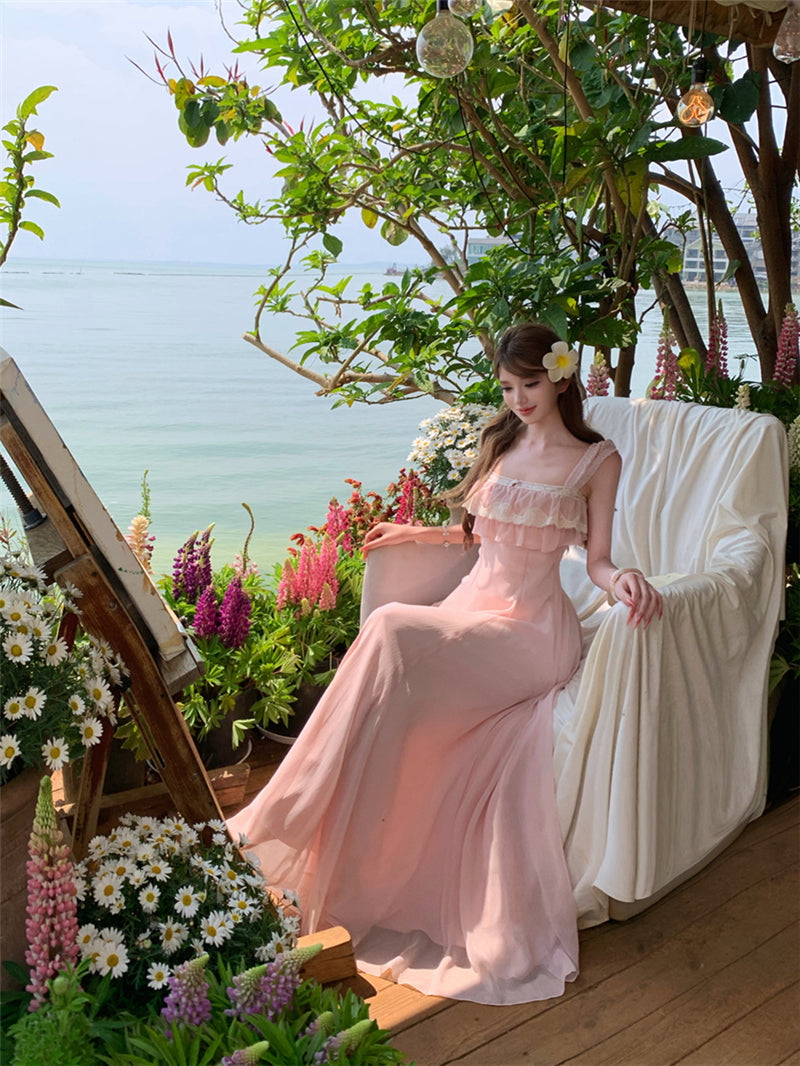 Vintage Style Floral Lace Bustier Flowy Pink Sundress