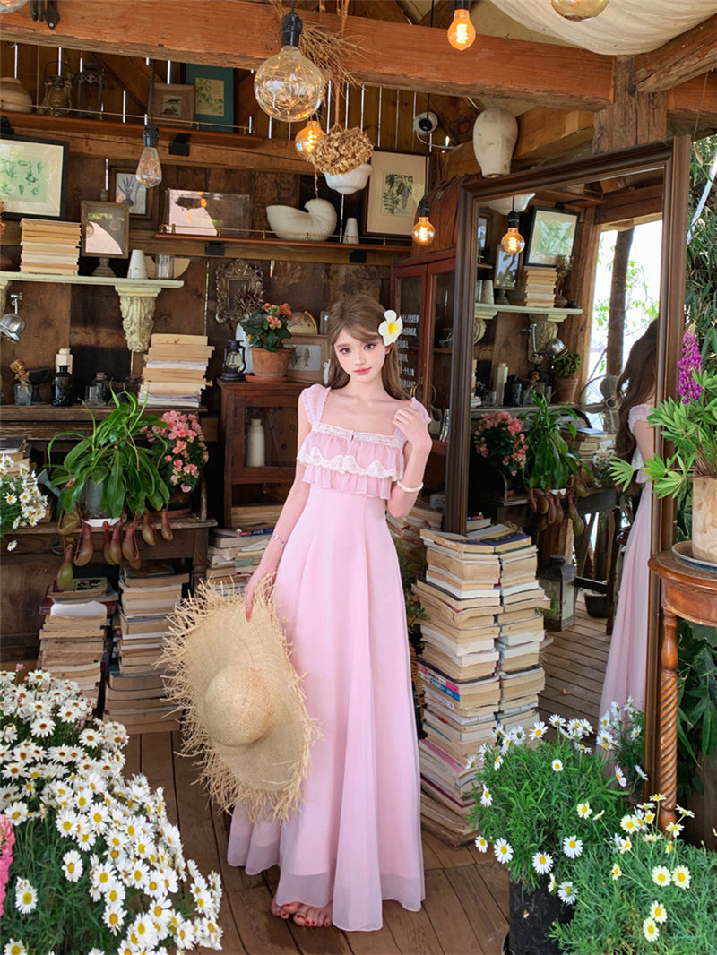 Vintage Style Floral Lace Bustier Flowy Pink Sundress