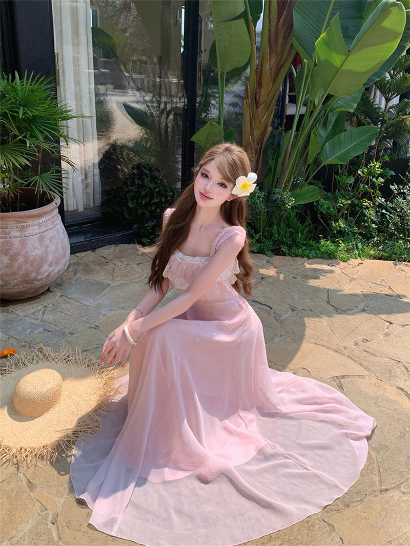 Vintage Style Floral Lace Bustier Flowy Pink Sundress