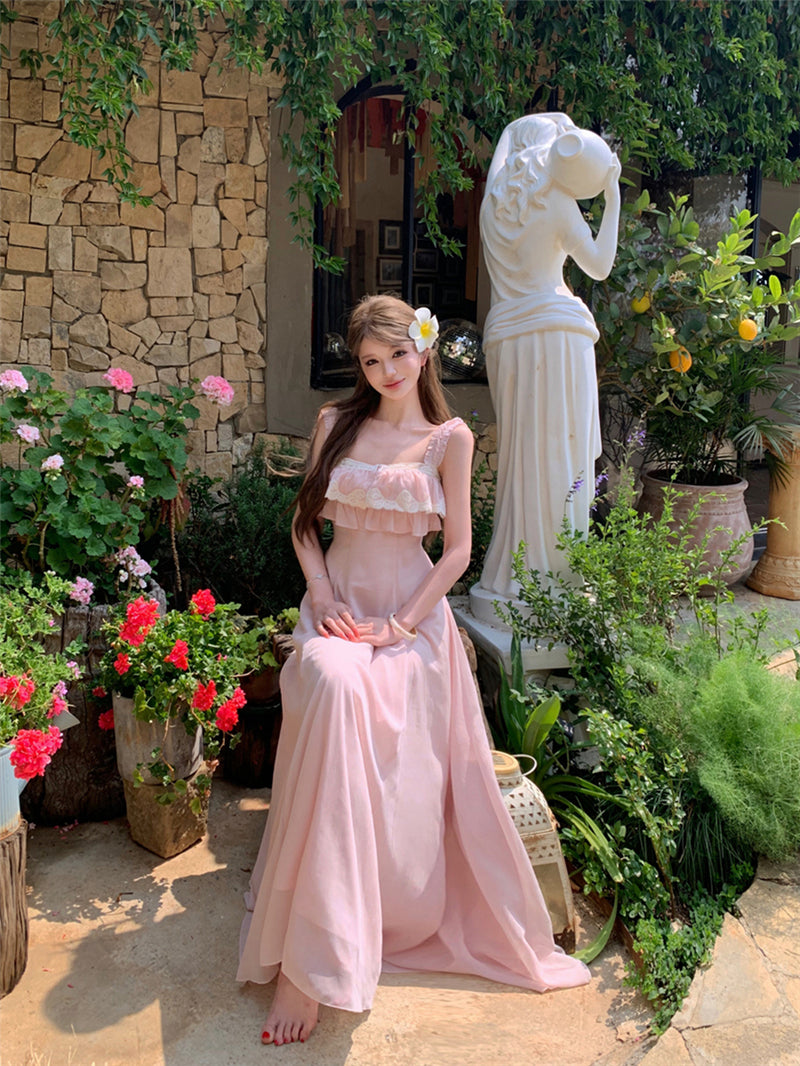 Vintage Style Floral Lace Bustier Flowy Pink Sundress