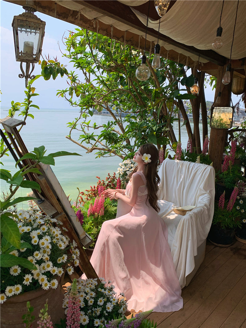 Vintage Style Floral Lace Bustier Flowy Pink Sundress