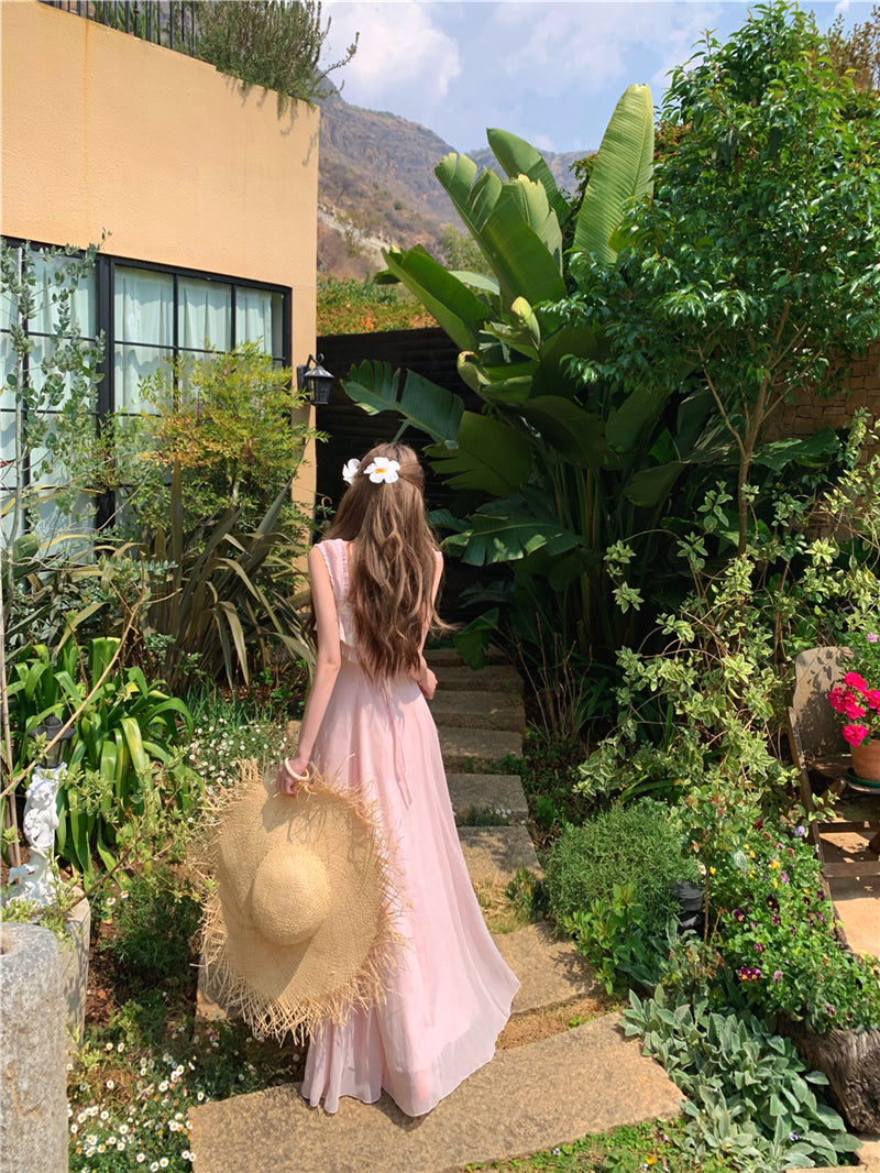 Vintage Style Floral Lace Bustier Flowy Pink Sundress