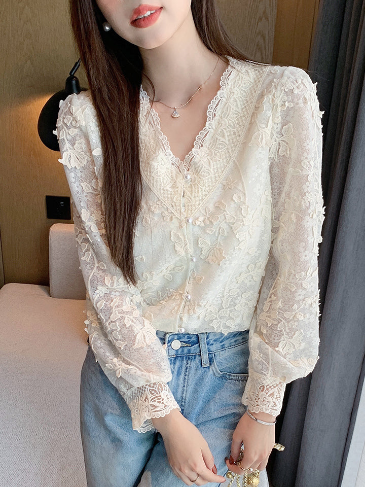Evangeline Cream 3D Floral Appliqué V-Neck Lace Blouse