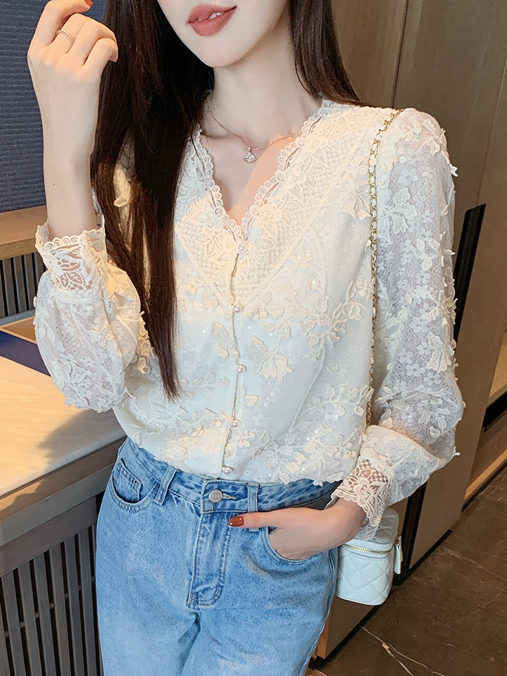 Evangeline Cream 3D Floral Appliqué V-Neck Lace Blouse