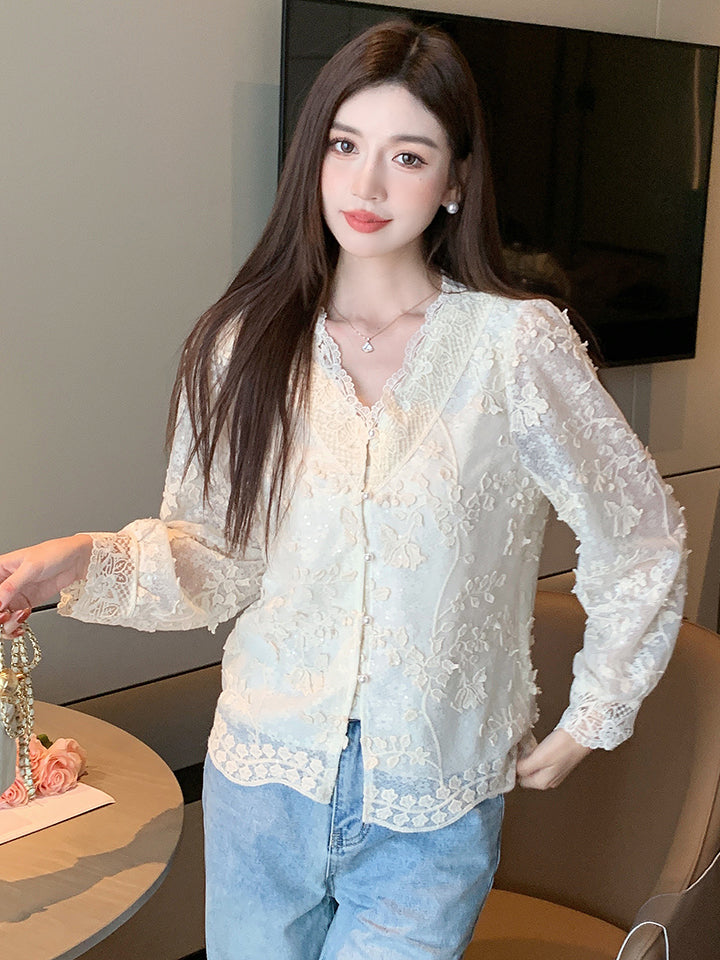 Evangeline Cream 3D Floral Appliqué V-Neck Lace Blouse