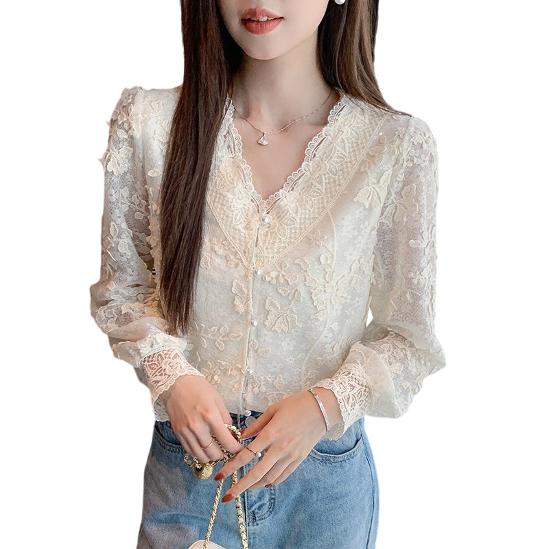 Evangeline Cream 3D Floral Appliqué V-Neck Lace Blouse