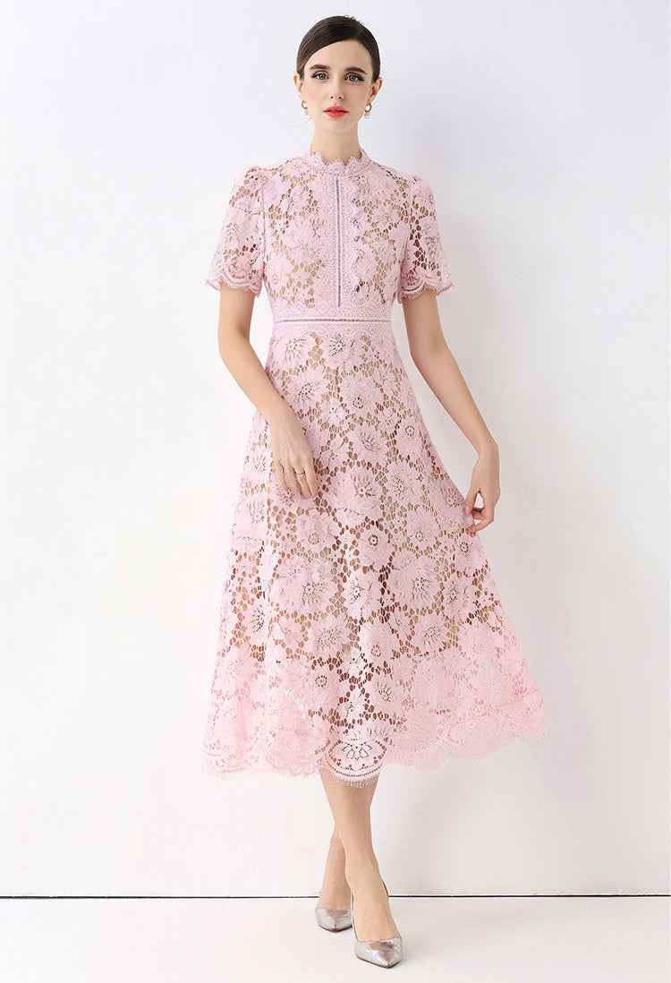 Floral Lace Mock Neck Short Sleeve Midi Dress
