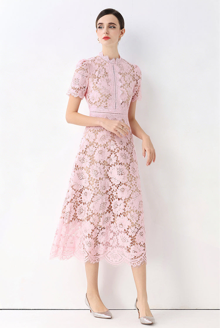 Floral Lace Mock Neck Short Sleeve Midi Dress