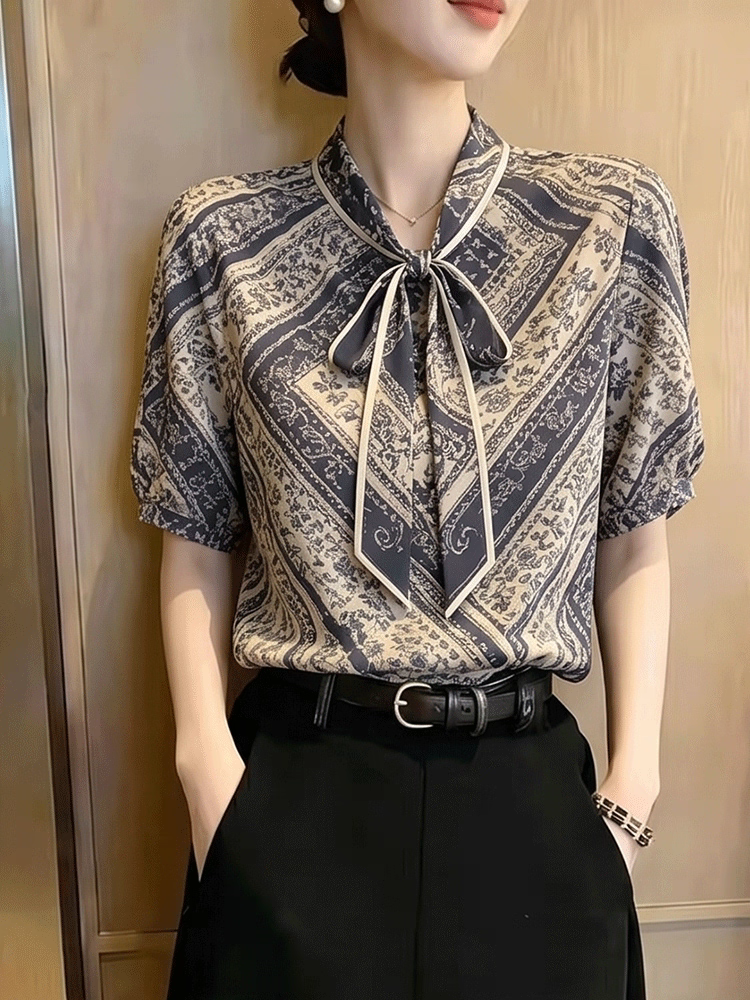 Evelyn Tie-Neck Short Sleeve Paisley Blouse