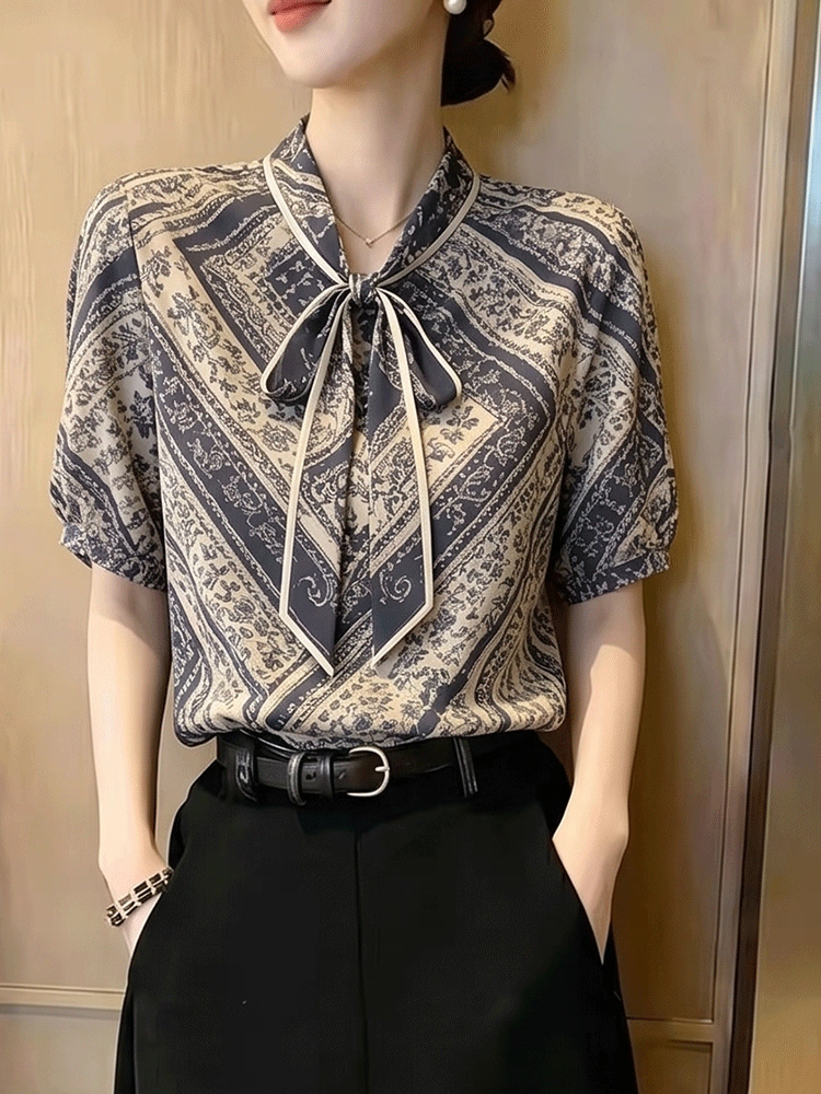 Evelyn Tie-Neck Short Sleeve Paisley Blouse