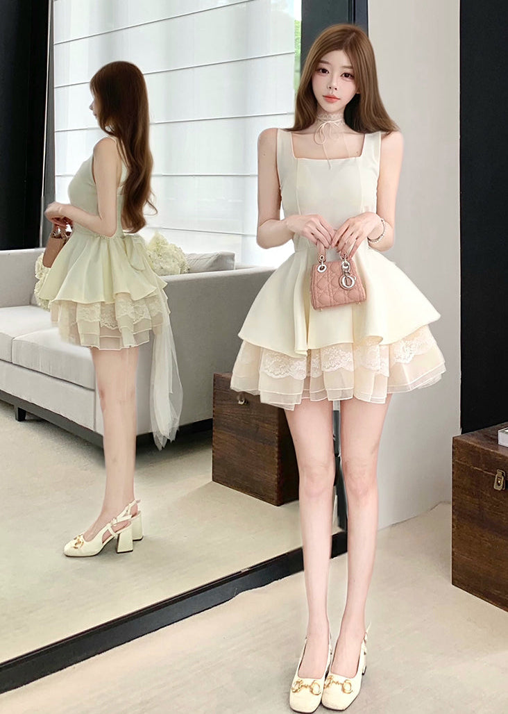 Fairycore Tiered Ruffle Mini Dress with Lace Trim