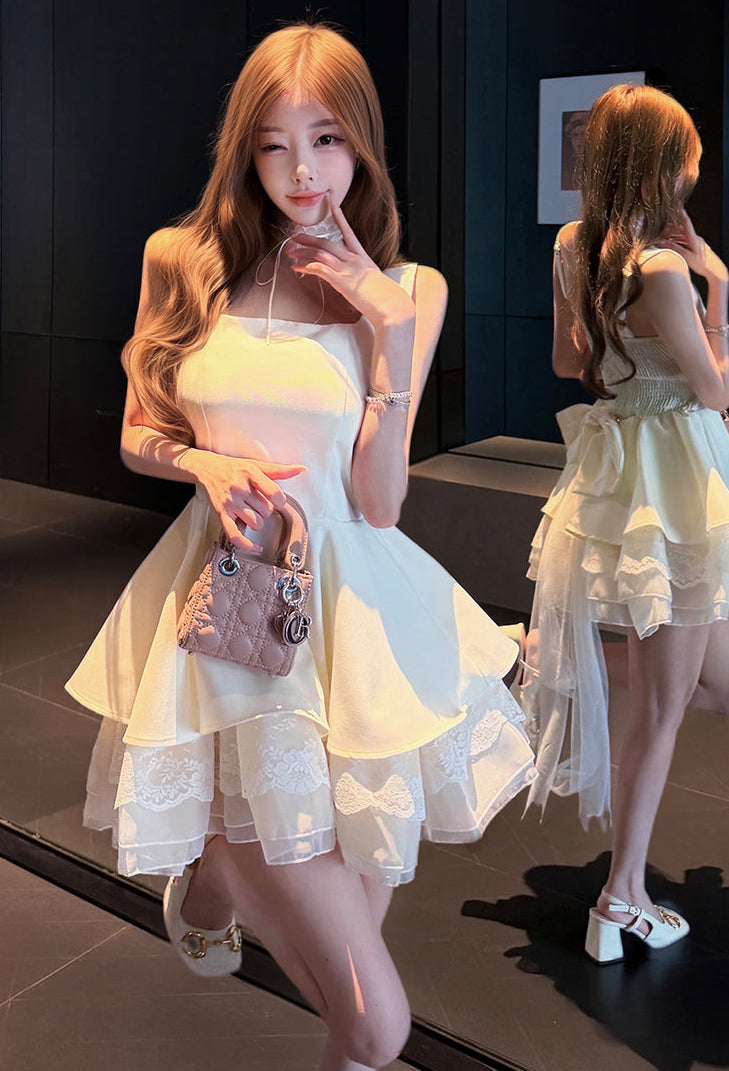 Fairycore Tiered Ruffle Mini Dress with Lace Trim
