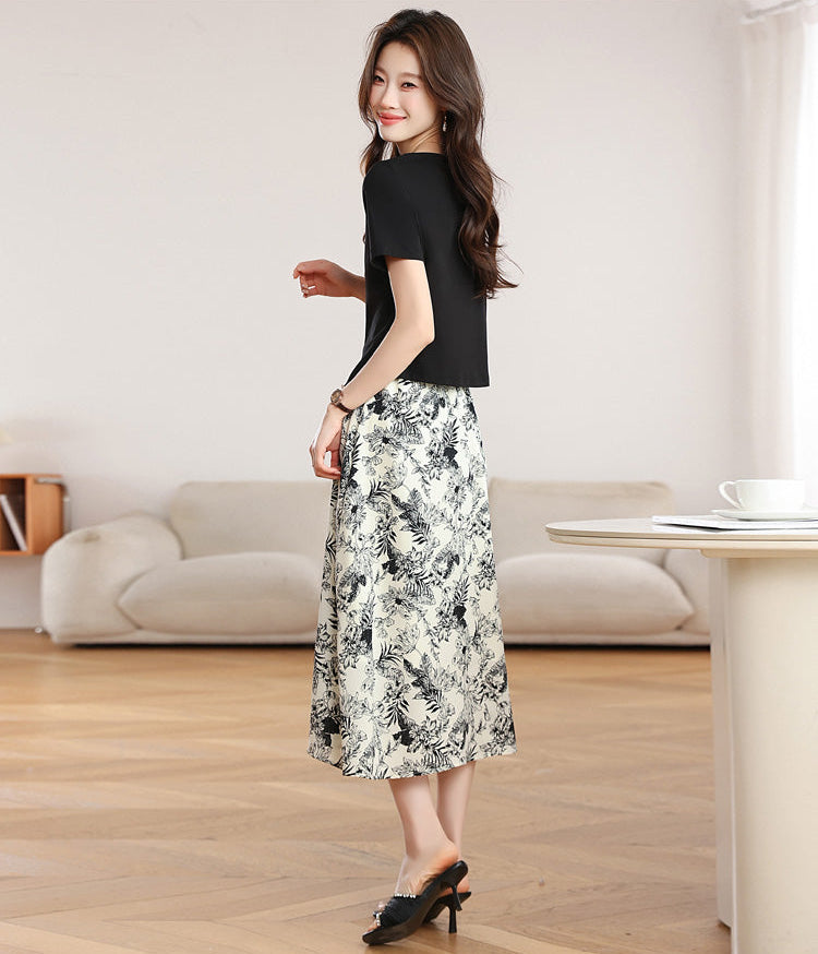 Botanical Garden Faux Two-Piece Midi Dress In Black And Cream