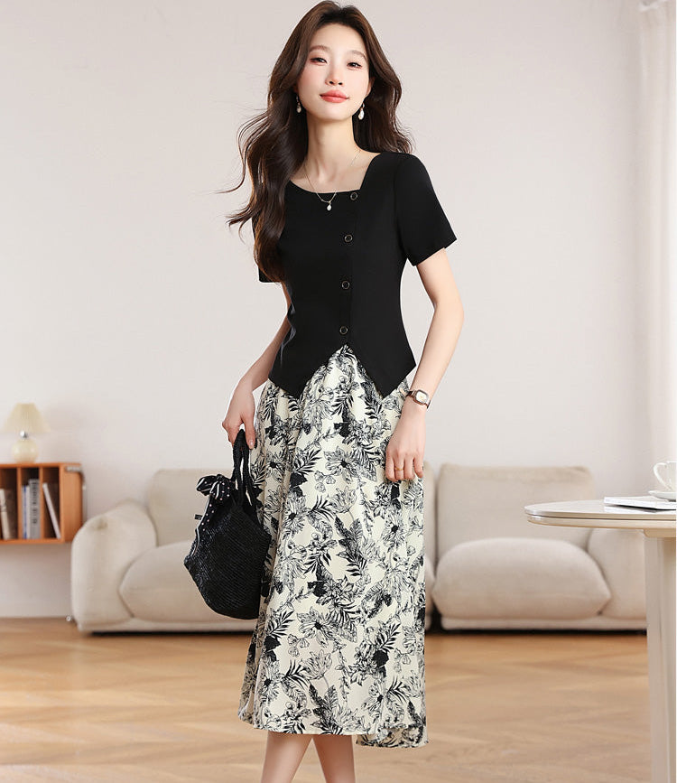 Botanical Garden Faux Two-Piece Midi Dress In Black And Cream