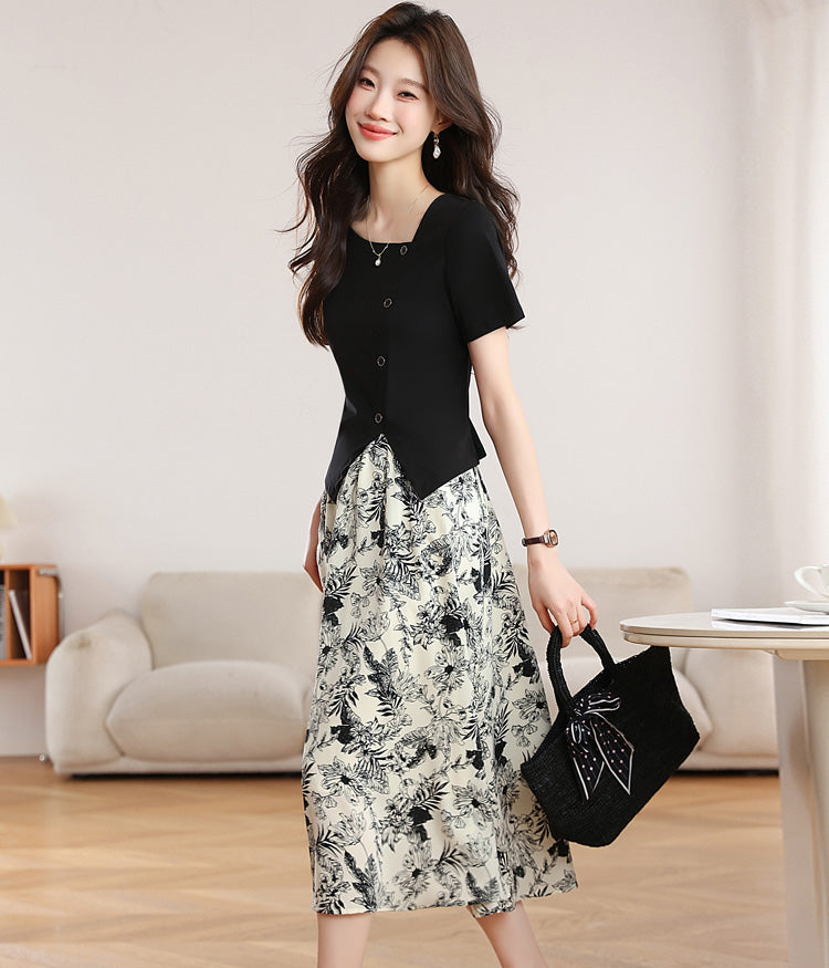 Botanical Garden Faux Two-Piece Midi Dress In Black And Cream