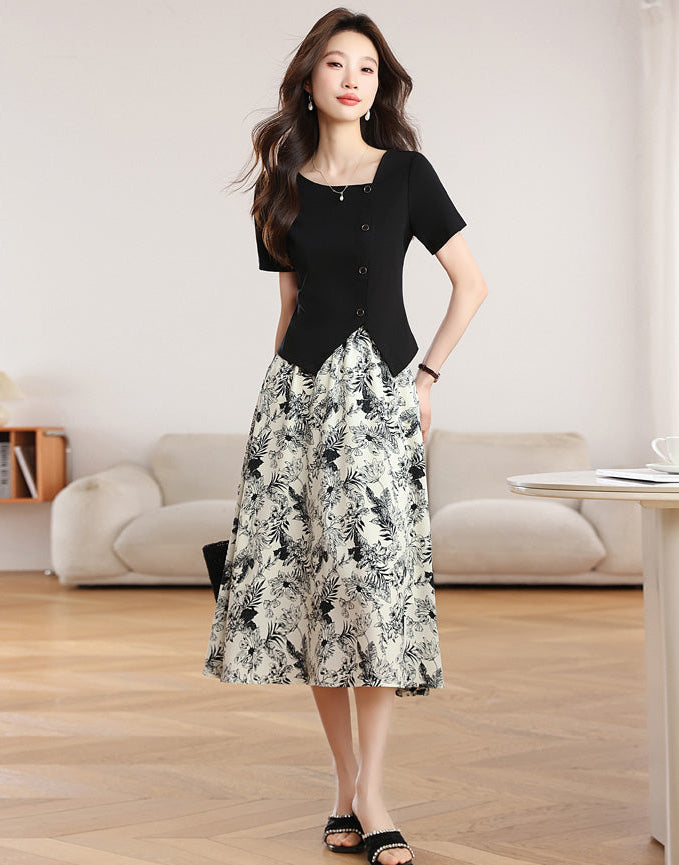 Botanical Garden Faux Two-Piece Midi Dress In Black And Cream