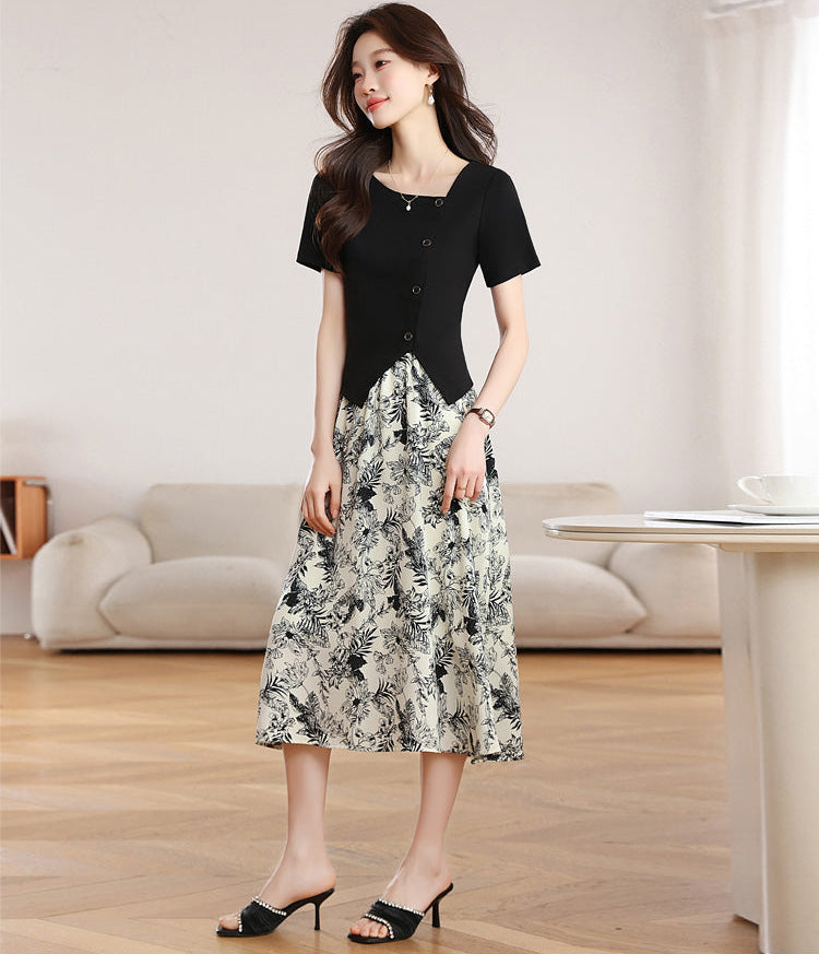 Botanical Garden Faux Two-Piece Midi Dress In Black And Cream