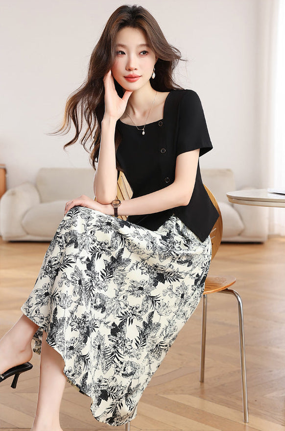 Botanical Garden Faux Two-Piece Midi Dress In Black And Cream