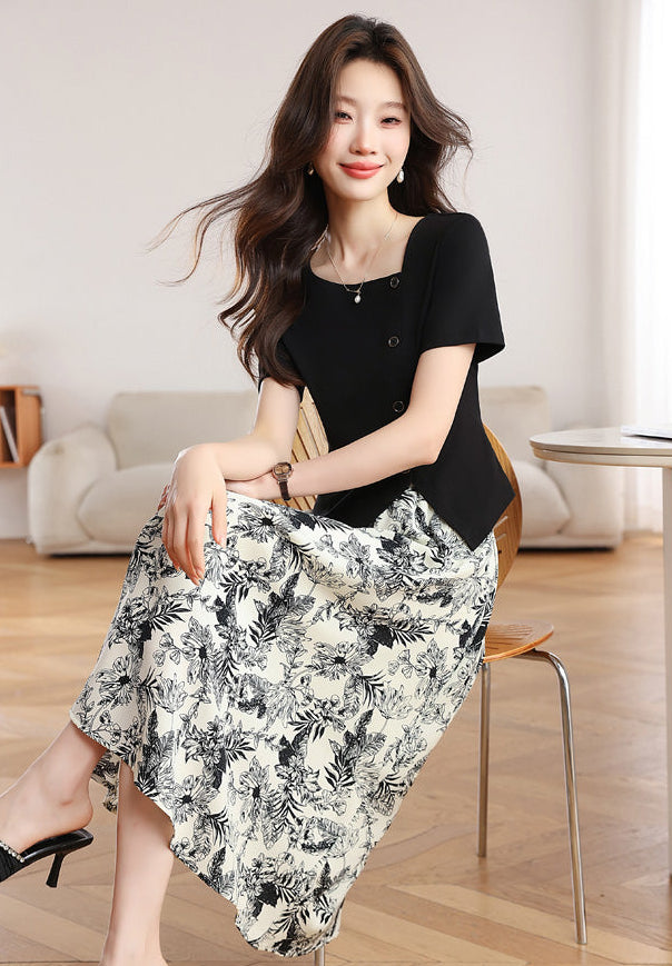 Botanical Garden Faux Two-Piece Midi Dress In Black And Cream