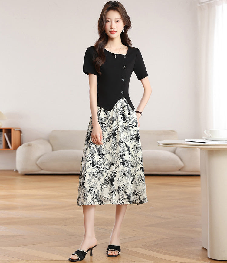 Botanical Garden Faux Two-Piece Midi Dress In Black And Cream