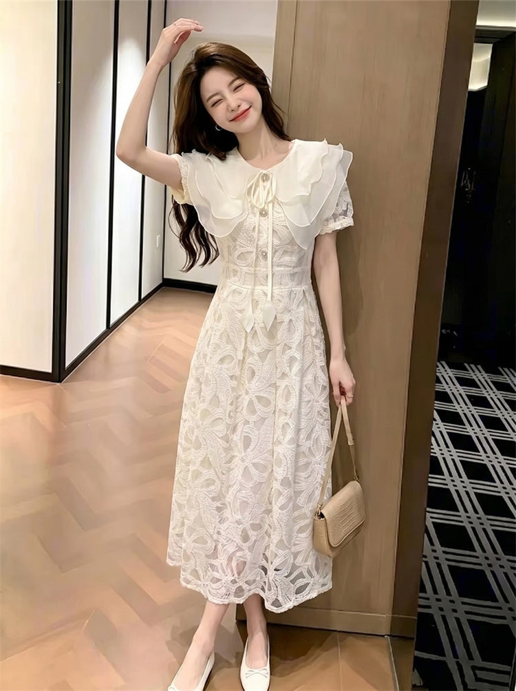 Fleur Double-Collar Lace Midi Dress