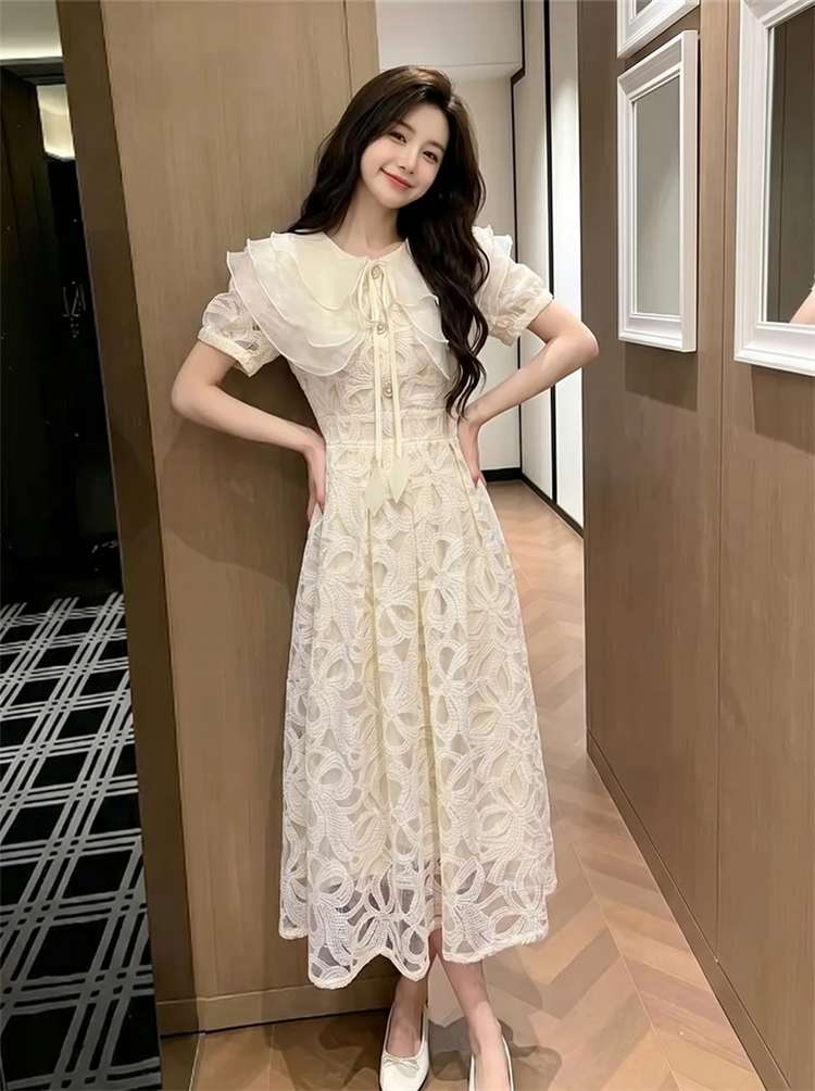 Fleur Double-Collar Lace Midi Dress