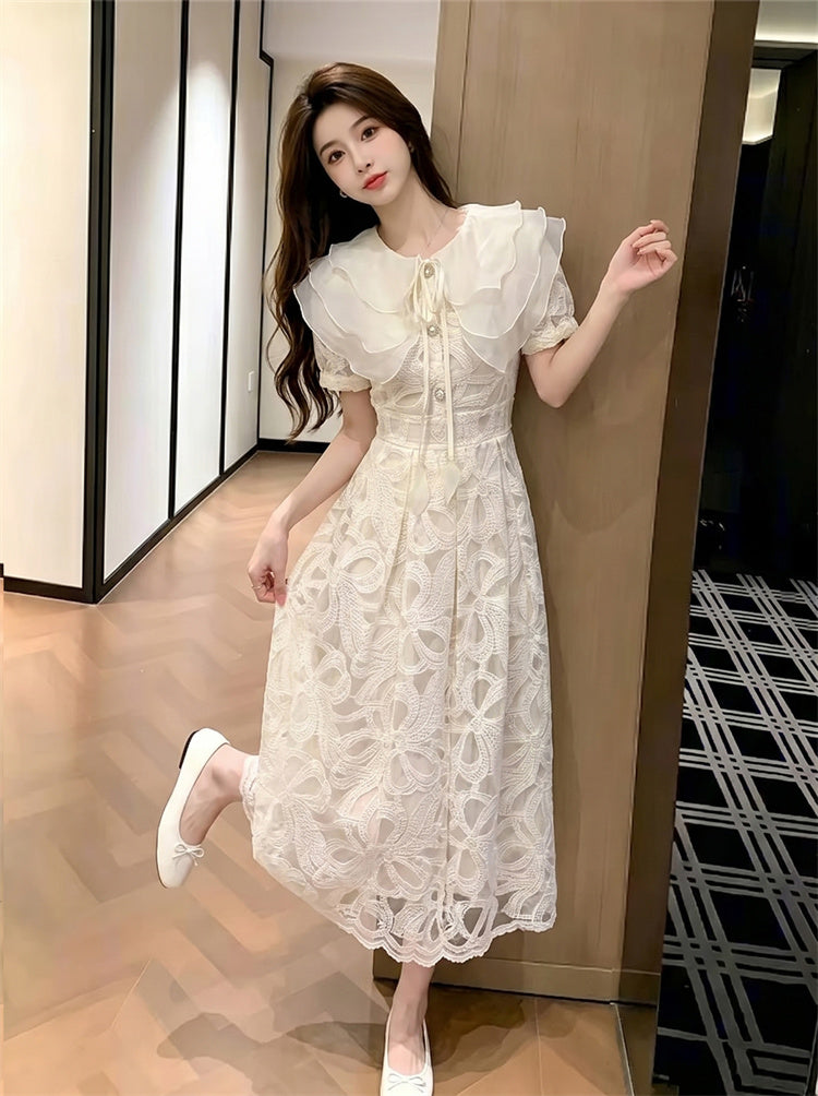 Fleur Double-Collar Lace Midi Dress