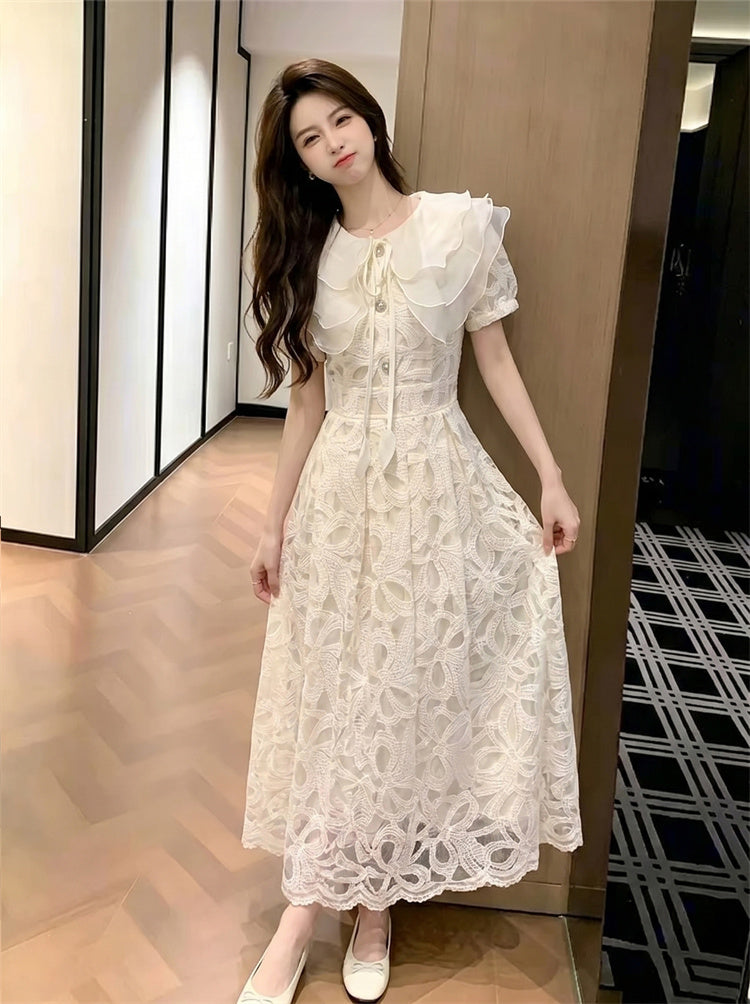 Fleur Double-Collar Lace Midi Dress
