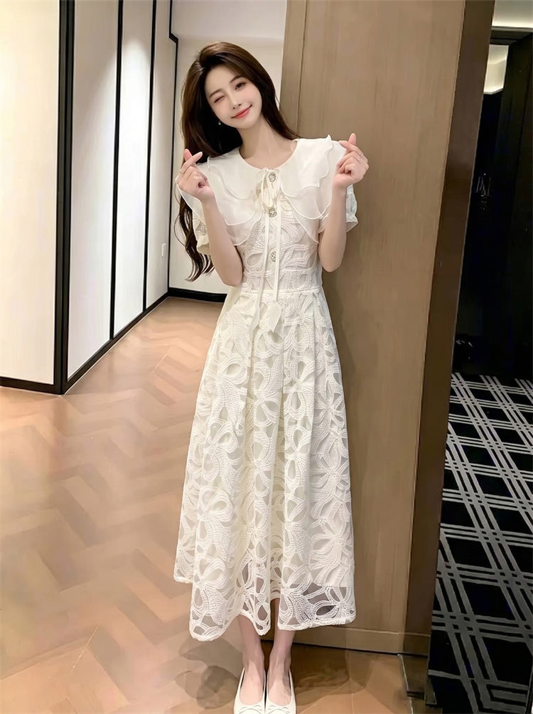 Fleur Double-Collar Lace Midi Dress