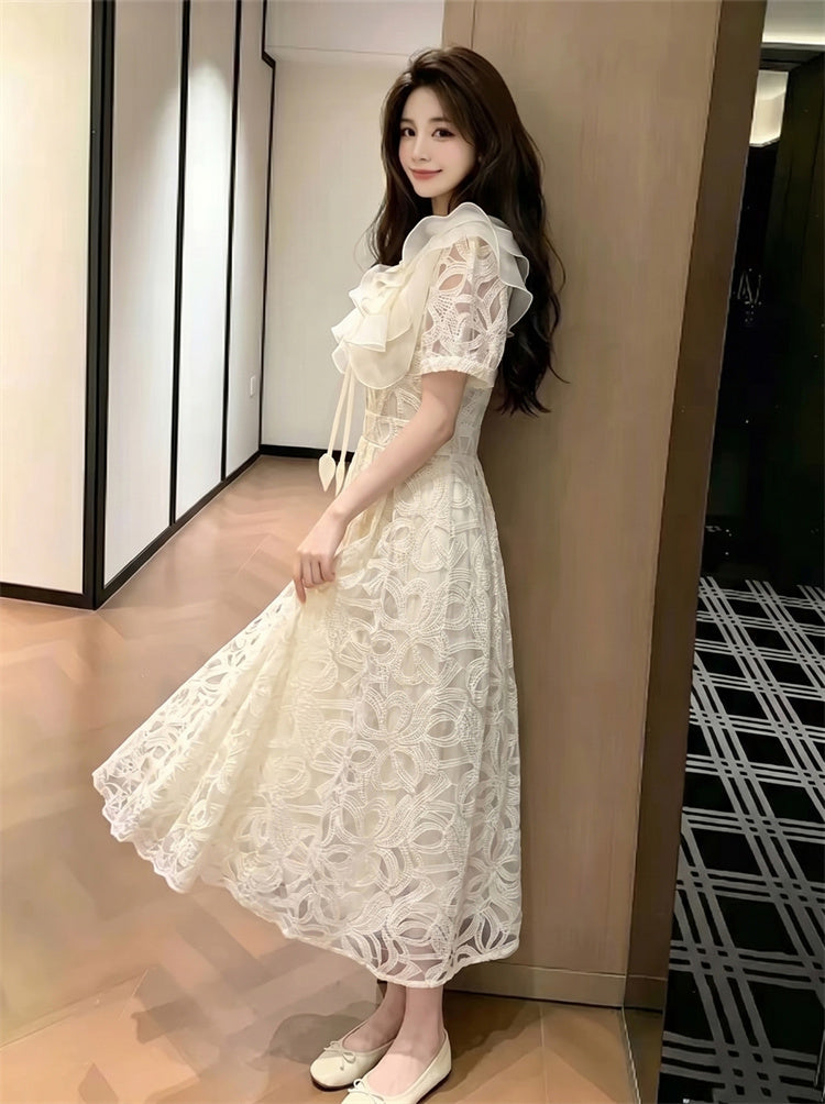 Fleur Double-Collar Lace Midi Dress